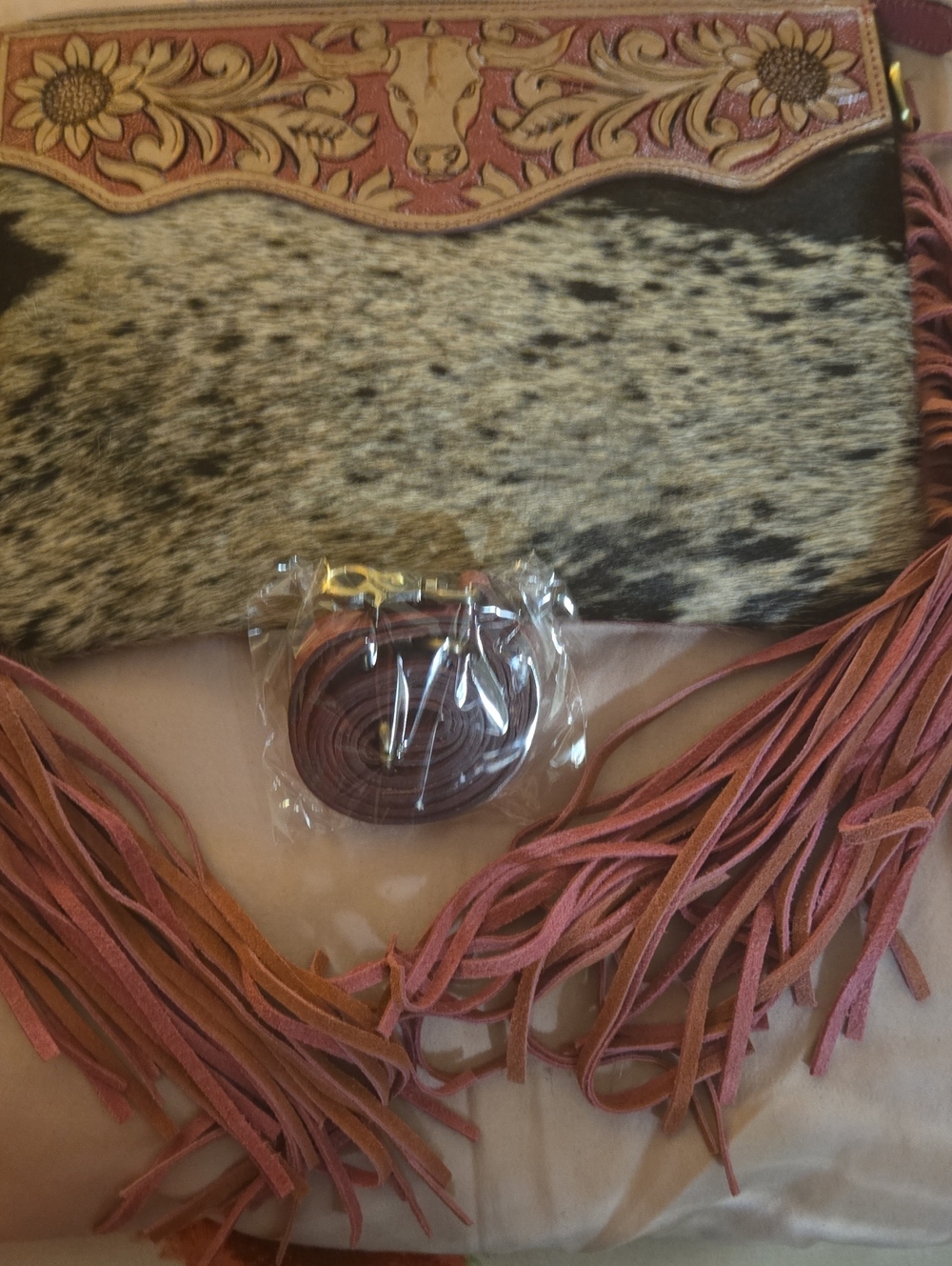 Western Tooled Leather Fringed Cowhide Crossbody Bag With Cow Embossed